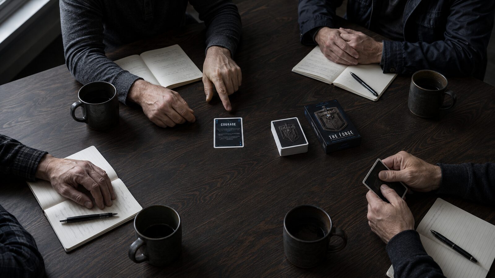 Four men's hands at a table, one card laid in the centre, deck and box visible.